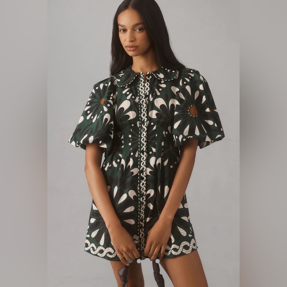 FARM Rio Green White Floral Mini Dress with Puff Sleeves